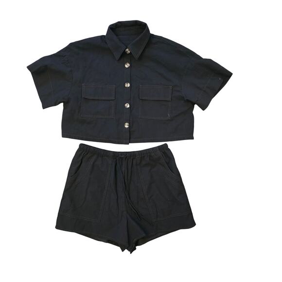 Black Cotton two piece short and collared buttoned top summer set - Picture 1 of 10